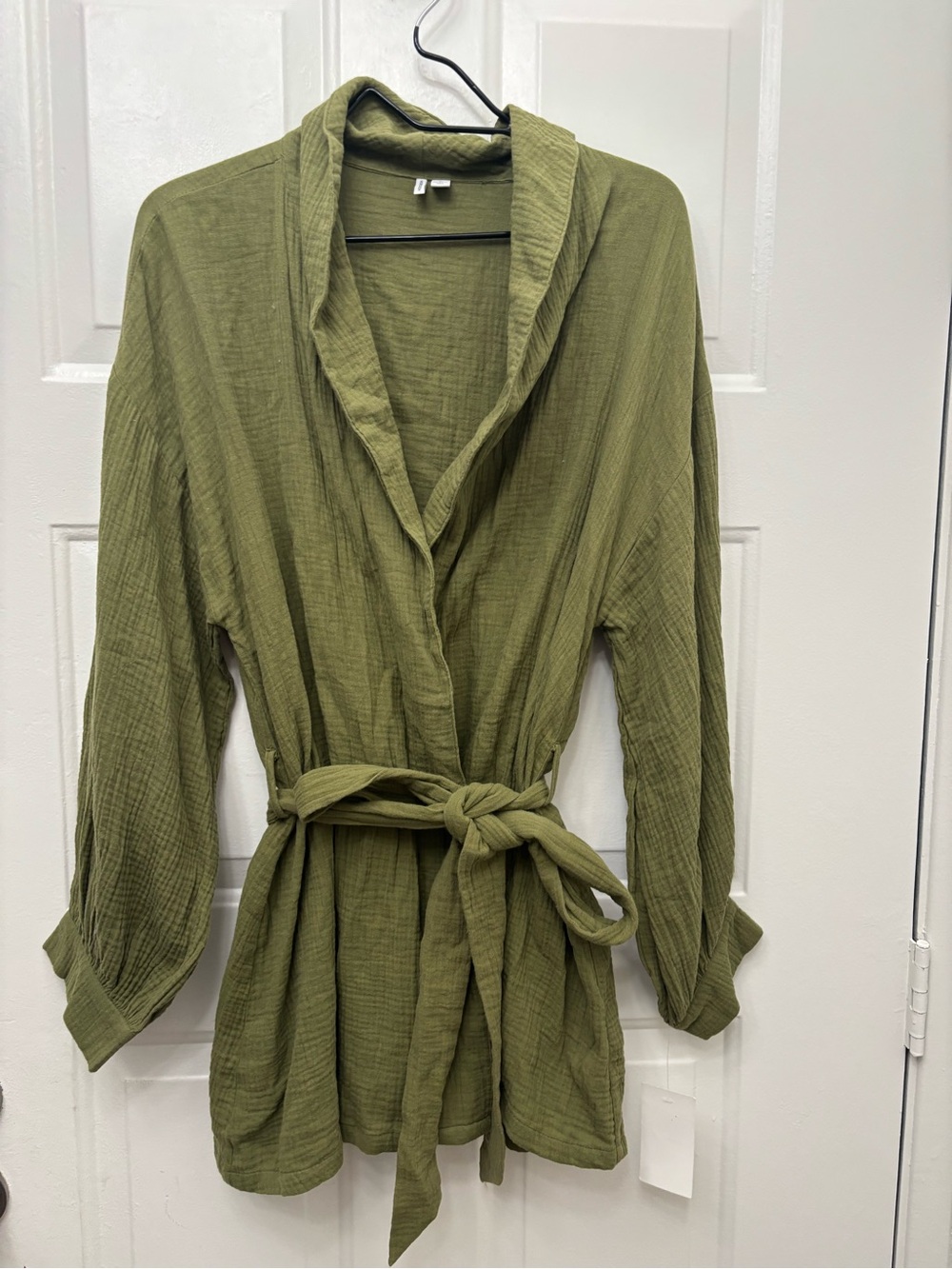 New Nordstrom Textured Cotton Belted Waist Short Robe Olive Green Size Medium